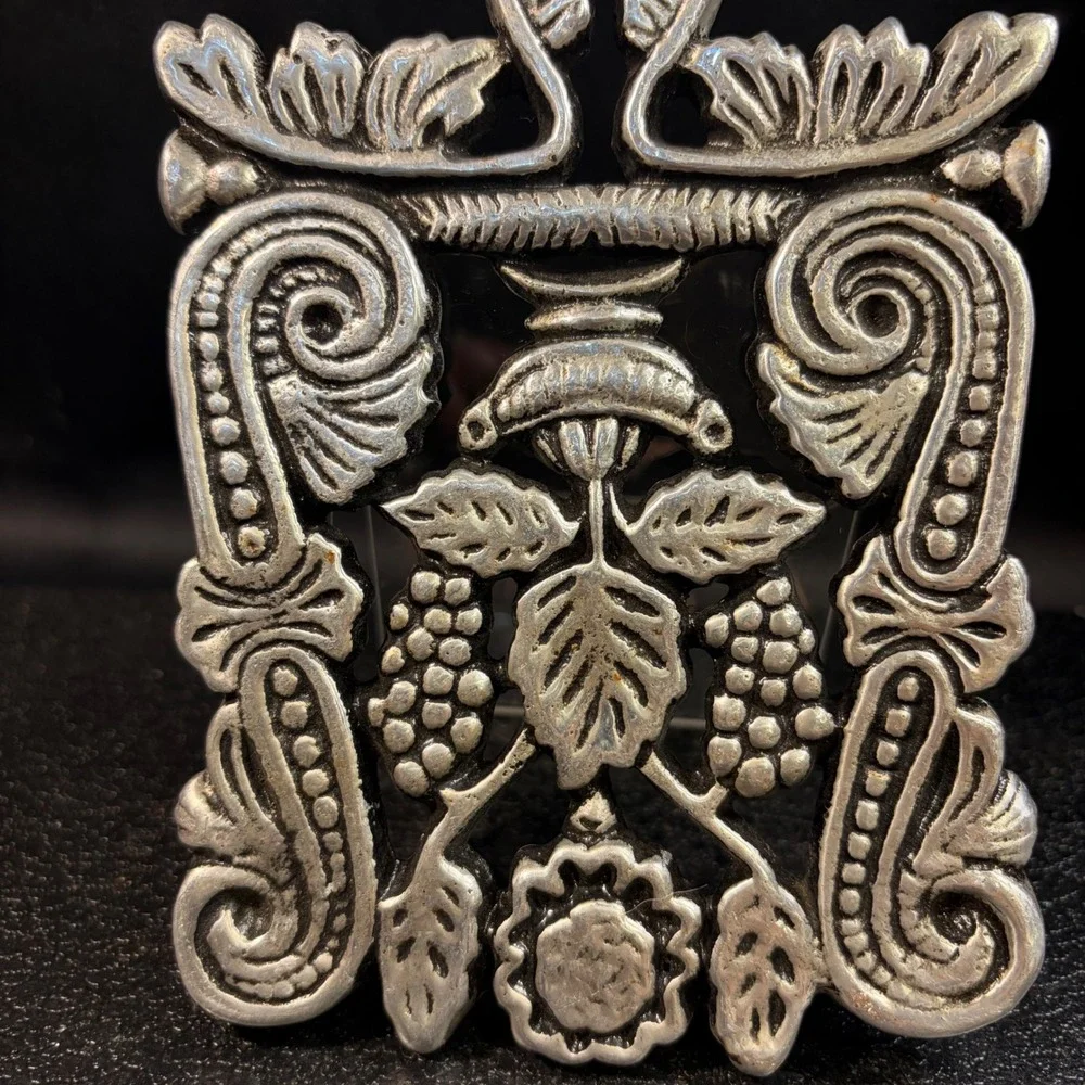Vintage Cast Metal Trivet Grape & Leaf Scrollwork Silver Tone Victorian Style